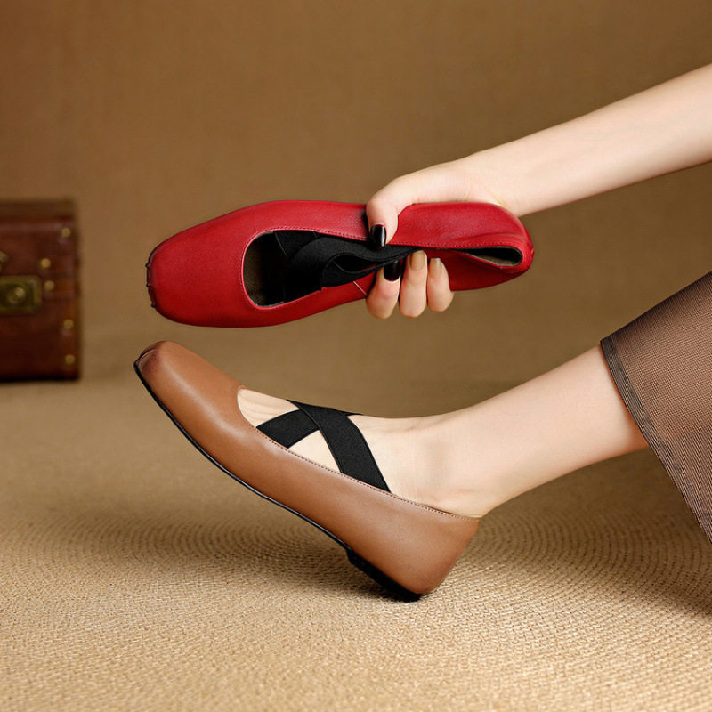 巨柔软~复古法式芭蕾鞋女外穿方头粗跟真皮女鞋大码单鞋女33一40