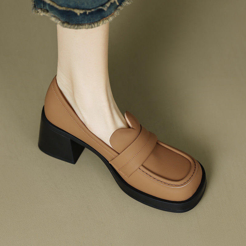 2023春季新款厚底棕色复古小皮鞋女粗跟松糕底英伦风懒人单鞋