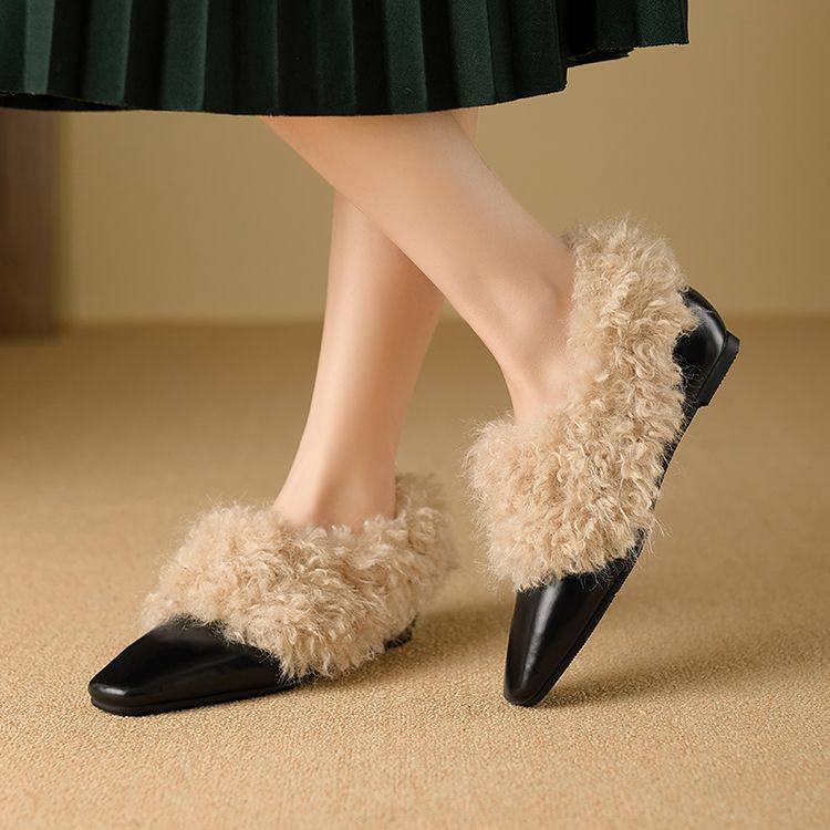 羊毛保暖单鞋女秋冬新款真皮方头平底设计师小众时尚毛毛鞋豆豆鞋,户外/登山/野营/旅行用品,登山鞋/徒步鞋,淘宝优惠券,粉丝福利购,淘宝优惠卷