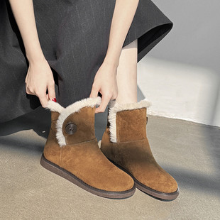 韩版 圆头纽扣加绒雪地靴女2025秋冬保暖厚底两穿百搭短靴毛毛靴子