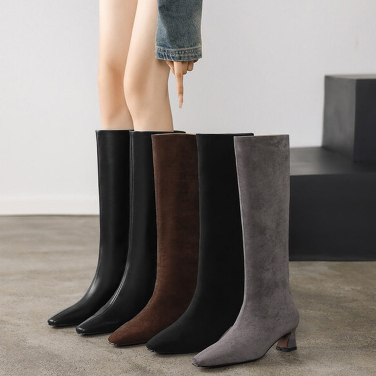 百搭粗跟不过膝长靴女2024秋冬新品欧美风小方头套筒中跟时装靴子