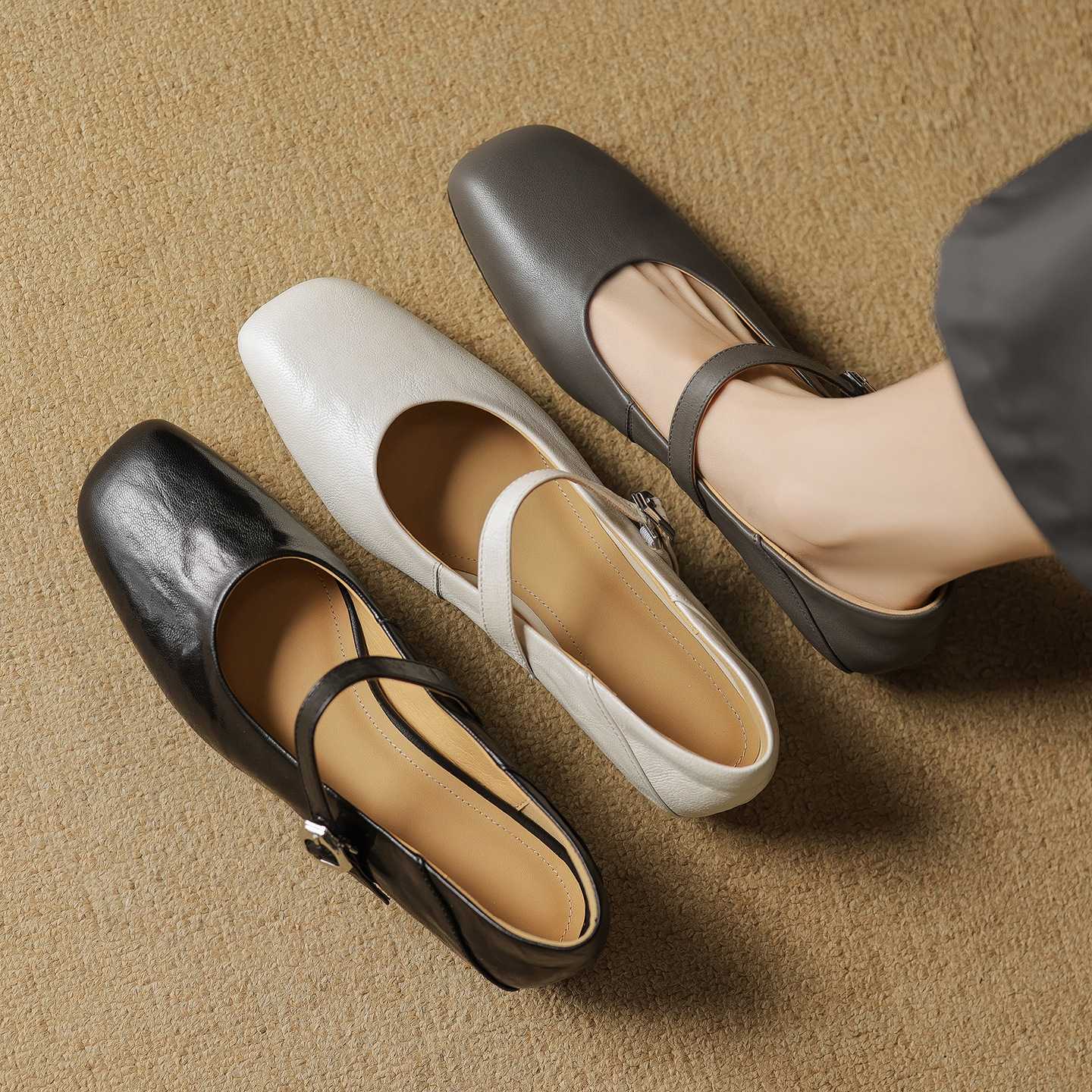 2.5cm简约风~新款真皮百搭单鞋女低跟小皮鞋法式温柔复古玛丽珍鞋