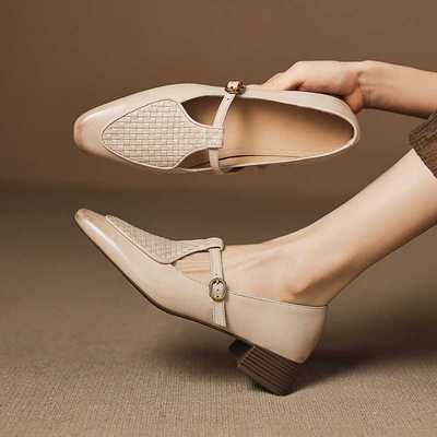 绝美不累脚小单鞋里外全皮擦色皮编织丁字扣带低跟粗跟玛丽珍女鞋
