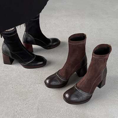小个子7cm粗跟高跟弹力瘦瘦靴英伦风复古绒面拼接圆头时装短靴女