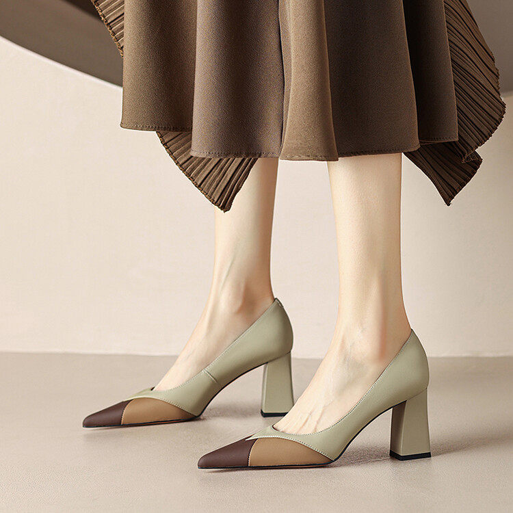 气质款~春季新款羊皮拼色粗跟高跟鞋优雅尖头浅口欧美风全皮单鞋,户外/登山/野营/旅行用品,登山鞋/徒步鞋,淘宝优惠券,粉丝福利购,淘宝优惠卷