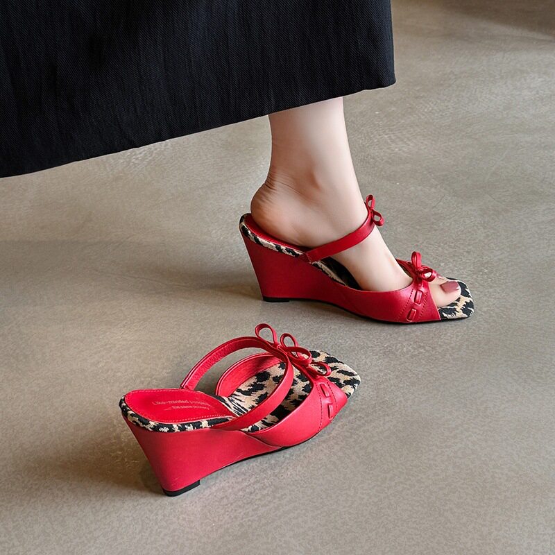 8cm～欧洲站穆勒鞋坡跟拖鞋外穿夏季新款一脚蹬蝴蝶结露趾凉鞋