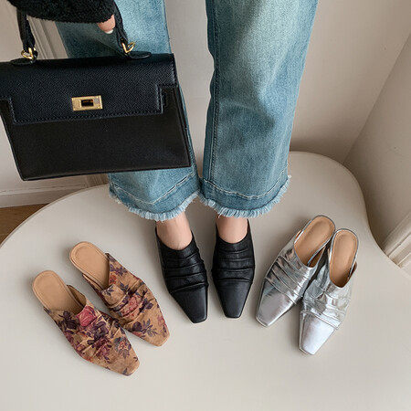 早春时髦精~3cm坡跟包头半拖鞋女春秋外穿褶皱穆勒鞋方头凉拖