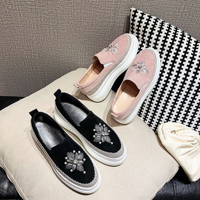 新款真皮单鞋女一脚蹬刺绣水钻乐福鞋厚底高跟松糕懒人鞋