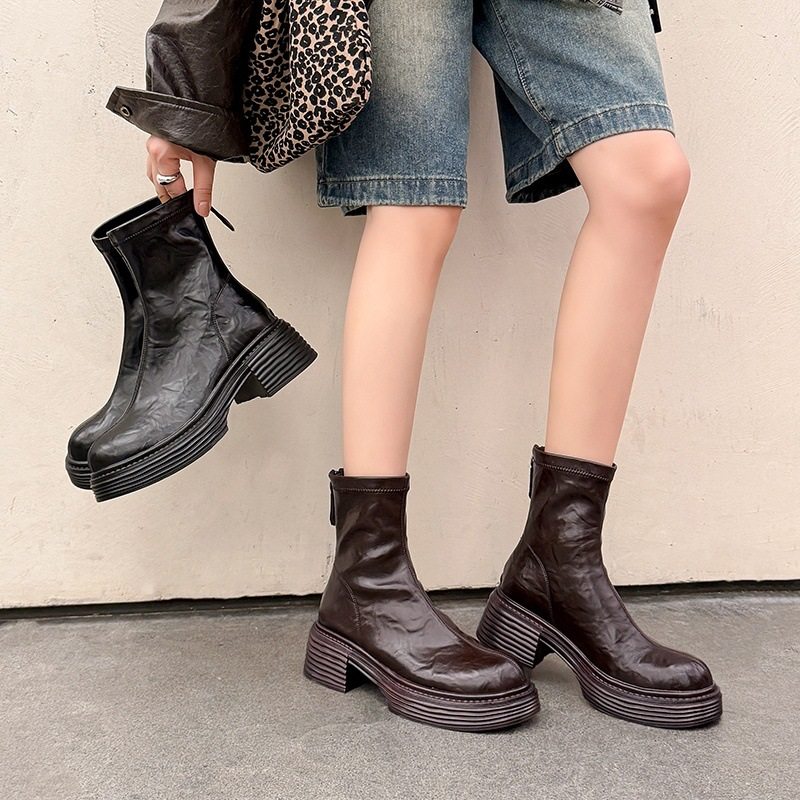 松糕厚底马丁靴女圆头小众设计感小个子短靴粗跟百搭高级感瘦瘦靴