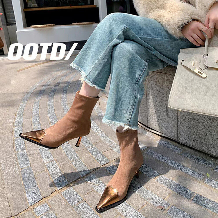 细高跟弹力绒瘦瘦靴2023年设计感金属感尖头靴子女bai搭显瘦气质