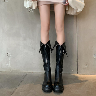 2023秋冬欧美皮带扣厚底女长靴前拉链两穿翻边高筒骑士靴子 炸街