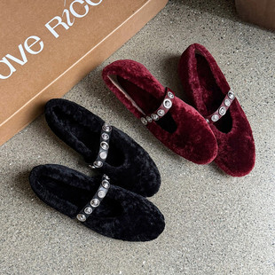 2025超火毛毛鞋法式内增高水钻一字带红色玛丽珍鞋百搭加绒单鞋女
