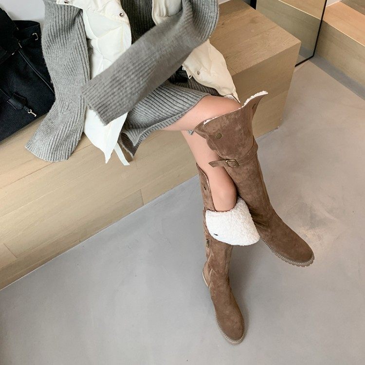 过膝绒面长靴女韩版平底长筒靴2020新款皮带扣骑士靴雪地长靴