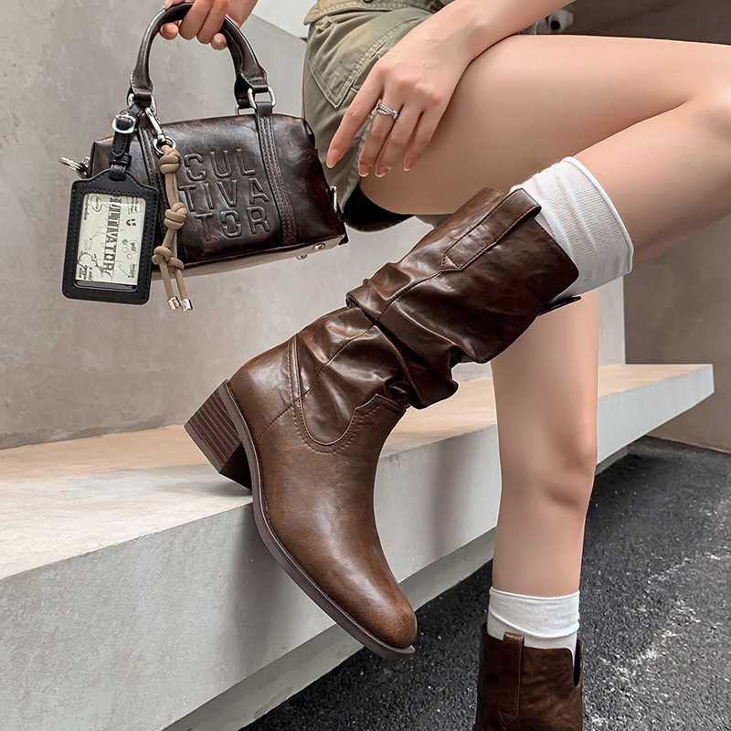 5cm美拉德靴子女秋冬新款时尚堆堆靴中筒骑士靴粗跟v口西部牛仔靴