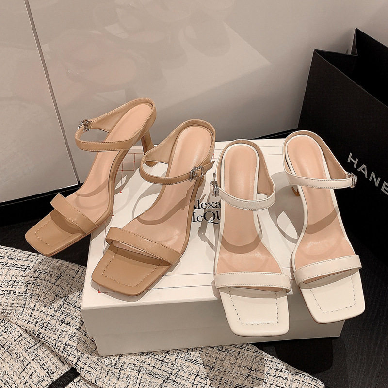 大长腿简约优雅里外全皮外穿拖鞋2023夏细高跟方头露趾羊皮凉鞋女