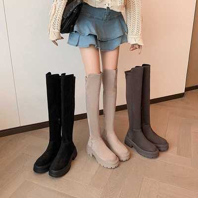 胖mm大筒围显瘦过膝长靴女秋冬绒面弹力长筒靴厚底粗跟圆头骑士靴