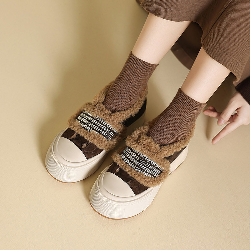 女士加绒厚魔术贴棉鞋2025年秋冬新款圆头松糕底厚底休闲深口单鞋