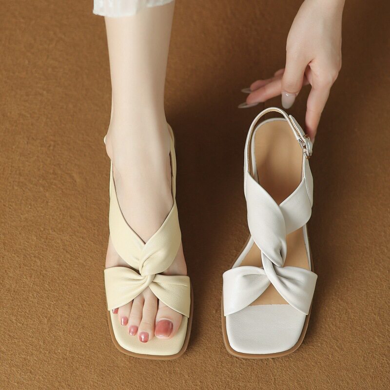 2023夏季新款法式复古粗跟露趾凉鞋女内外全皮方头交叉皱褶中跟鞋