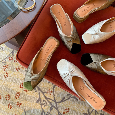 一拖一夏2023夏季新款绸面百搭包头平跟拖鞋里外全皮透气凉拖外穿