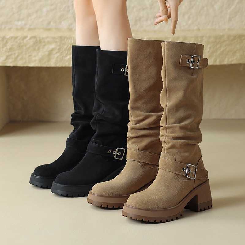 厚底高筒靴女真皮磨砂长筒堆堆靴2024秋冬粗跟松糕百搭长筒靴