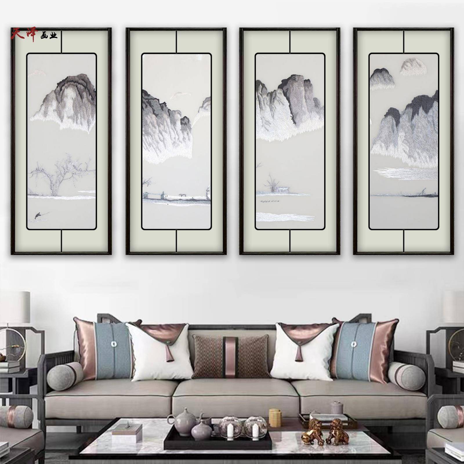国潮装饰画国风山水四联画定制刺绣苏绣沙发背景酒店宾馆装修挂画图片