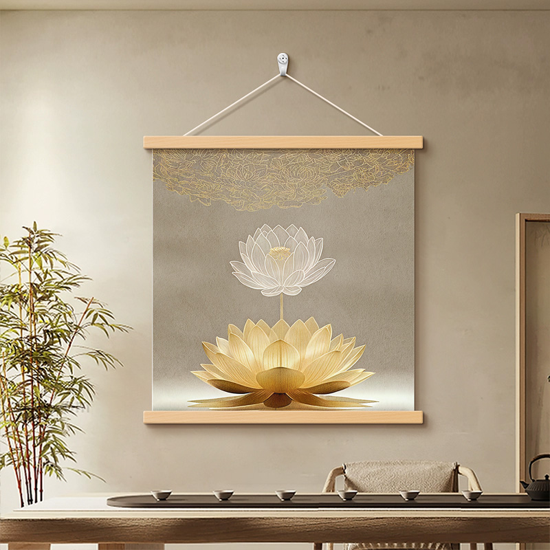 新中式禅意莲花客厅装饰画茶室书房背景墙挂画办公室玄关方形壁画图片