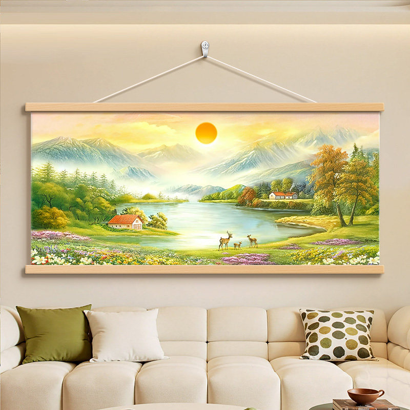 聚宝盆山水画客厅沙发背景墙装饰画轻奢高级感挂画东墙聚财壁画