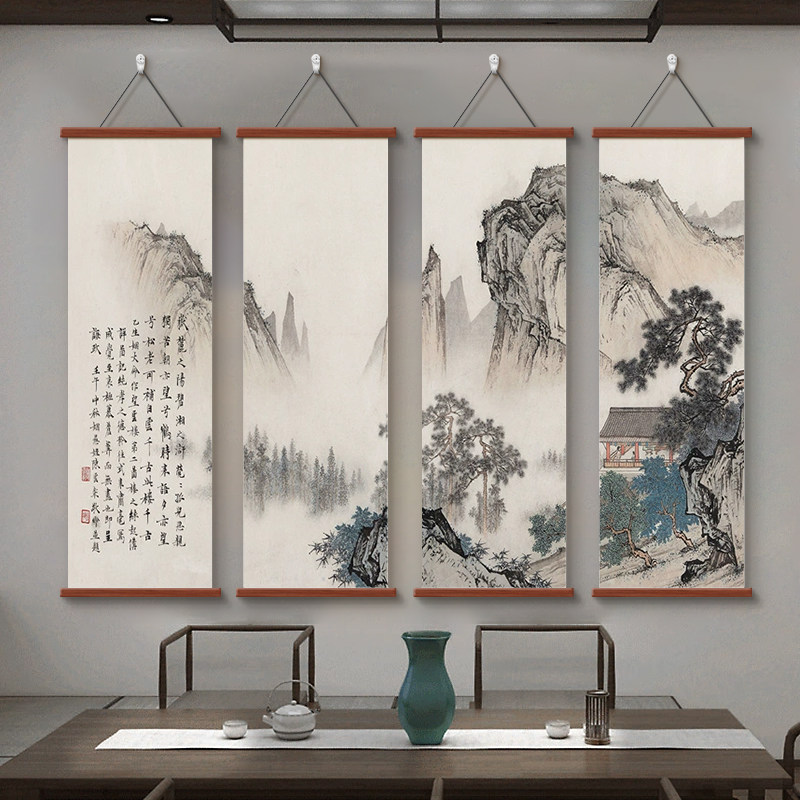 山水招财画新中式客厅背景墙装饰画书房茶室壁画办公室挂画组合画