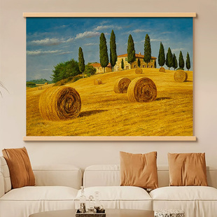 现代梵高名画丰收麦田油画沙发背景墙装饰画金色麦浪餐厅卷轴挂画