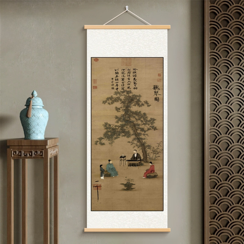 仿古画茶室客厅玄关卷轴山水画走廊书房听琴图新中式松鹤装饰挂画