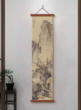 新中式玄关山水挂画中国古画真迹复制品壁画茶室书房装饰画框竖版