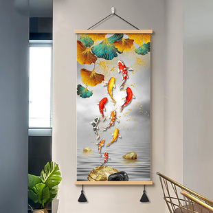 九鱼图招财旺运生财聚财挂画入户玄关装饰画轻奢竖版走廊过道壁画