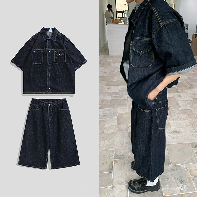 美式复古牛仔套装男士夏季新款