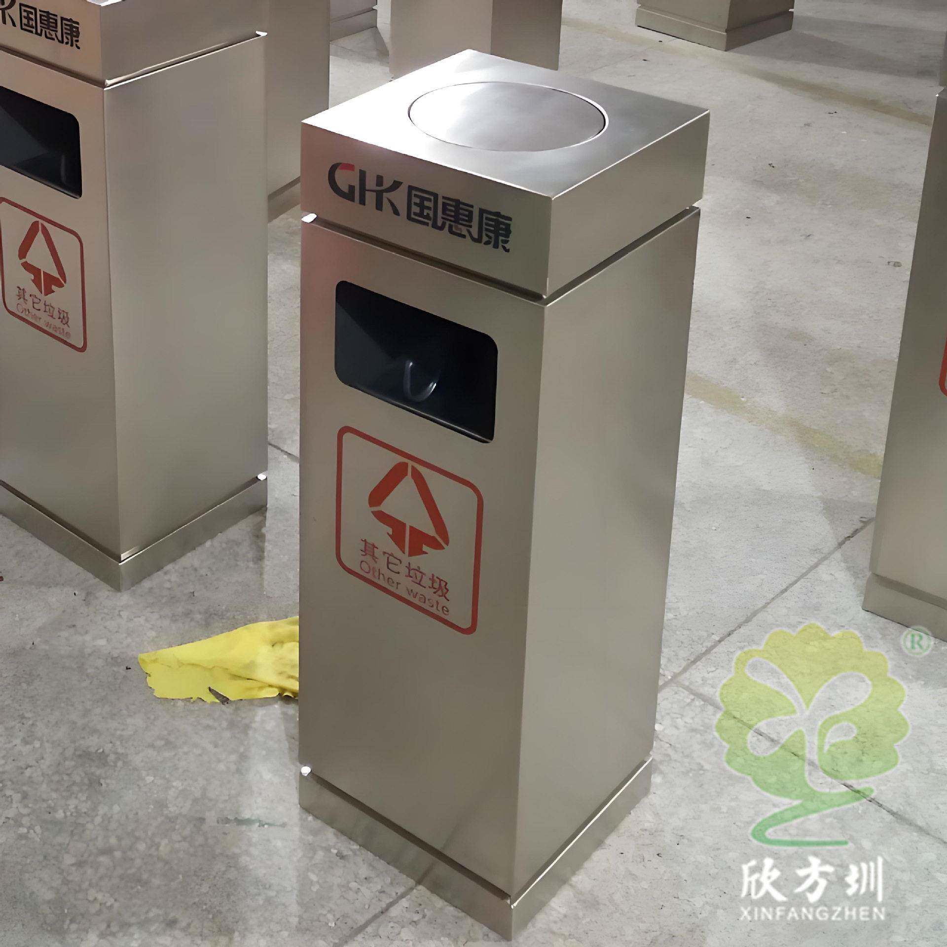2025电梯口室内不锈钢垃圾桶带盖设计防臭防溅商用简约果皮箱