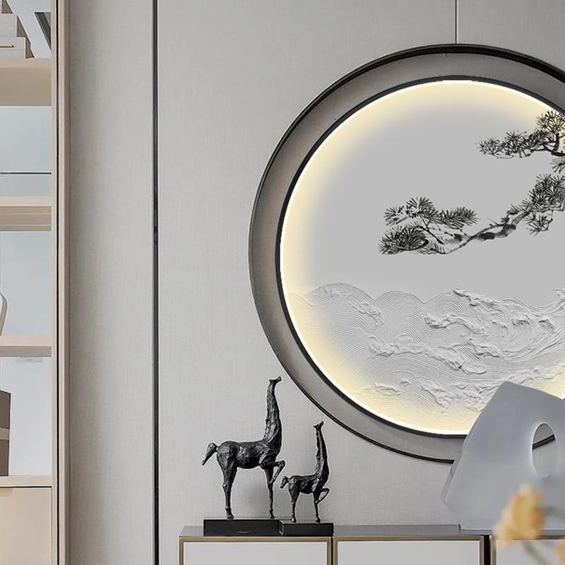 新中式客厅装饰画圆形led灯玄关走廊挂画迎客松油画立体浮雕海浪图片