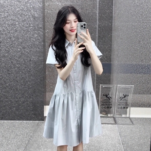 学院风正肩修身 褶皱拼接衬衫 裙海边度假连衣裙女2025巨好看 夏装