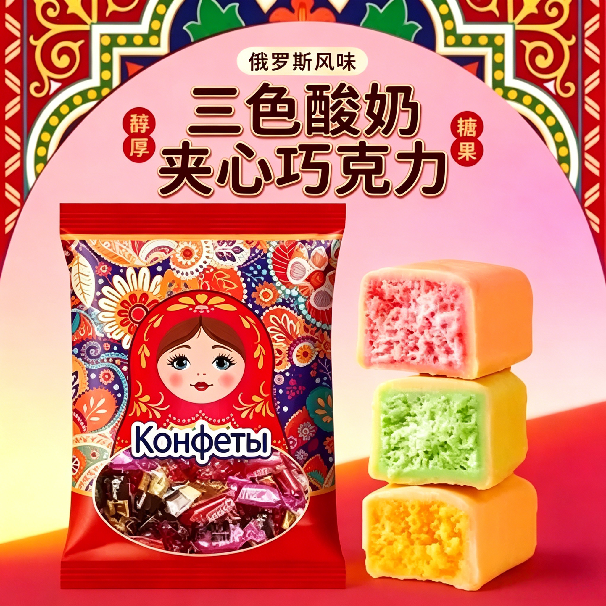 俄罗斯风味卢卡斯酸奶巧克力糖果三色酸奶果味零食糖果喜糖年货