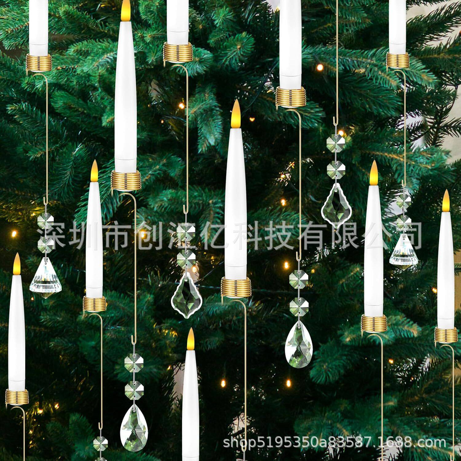 12PCS 无焰锥形蜡烛灯与水晶球挂钩圣诞树装饰品