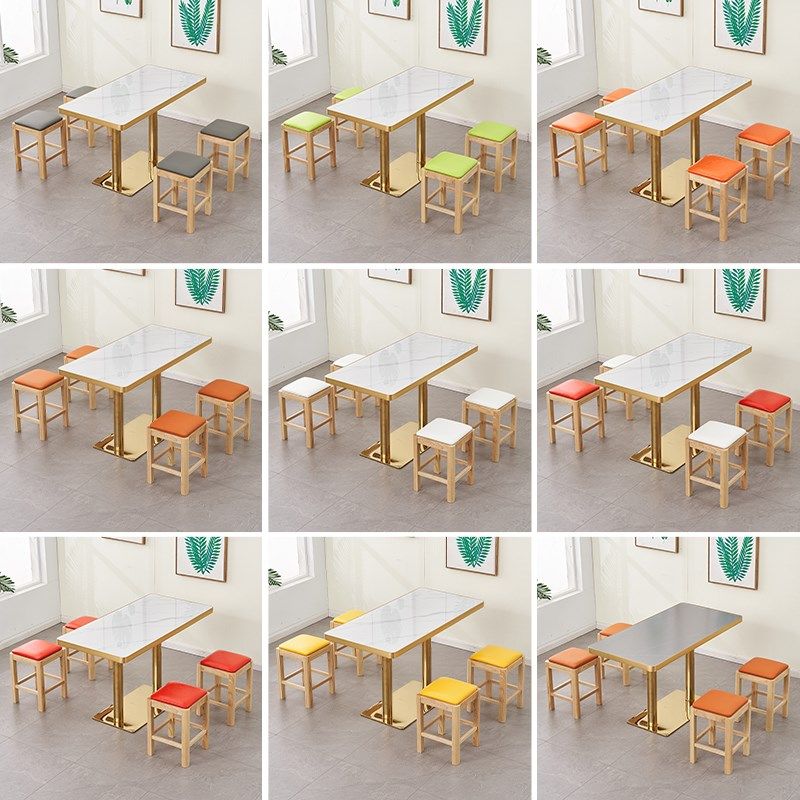 快餐桌椅实木凳子饭n店小吃餐饮商用岩板金边奶茶店咖啡厅小圆方