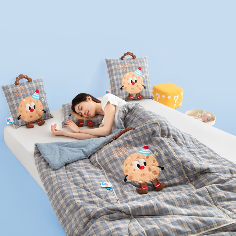 全棉色织抱枕被子两用二合u一午休空调被幼儿园学生午睡纯棉夏凉