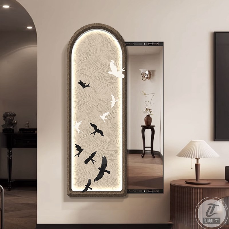 中古风法式玄关装饰推拉隐藏式穿衣镜卧室复古R壁画玄关走廊镜子