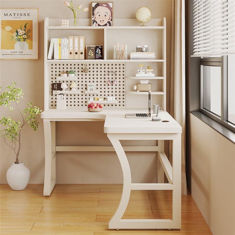 实木转角书桌书柜m一体家用卧室学生学习书桌洞洞板台式办公桌