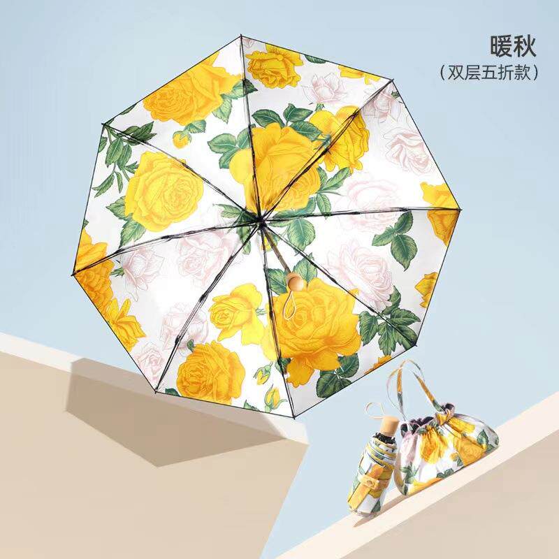 五折8骨双层黑胶双花太阳伞女插画手绘风小巧便捷晴雨两用防晒伞