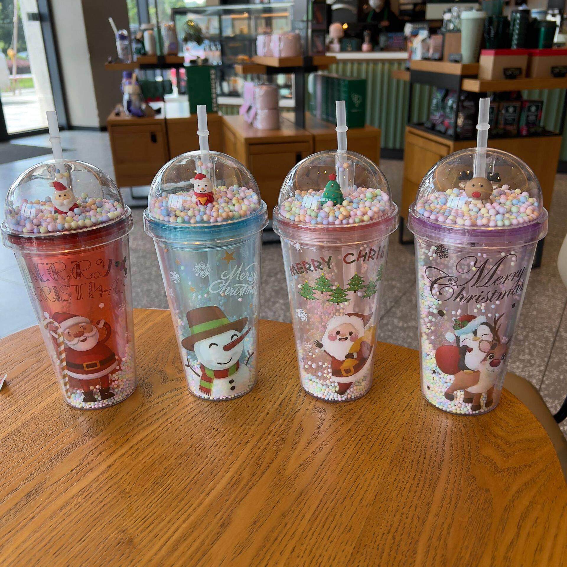 跨境新款颜值夏季 网红圣诞卡通塑料水杯吸管水杯双层碎冰杯