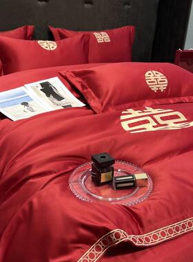 大红色水洗磨结婚床上四件套新婚庆ZJF25299床品床单毛婚礼嫁喜被