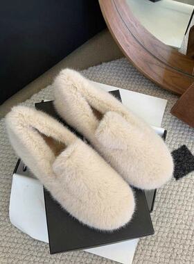 白色豆豆鞋女冬加绒2025新款水貂绒毛毛鞋外穿晚晚风厚底保暖棉鞋