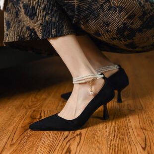 5cm中低跟仙女风细跟黑色绝美珍珠一字带高跟鞋配裙浅口绒面单鞋