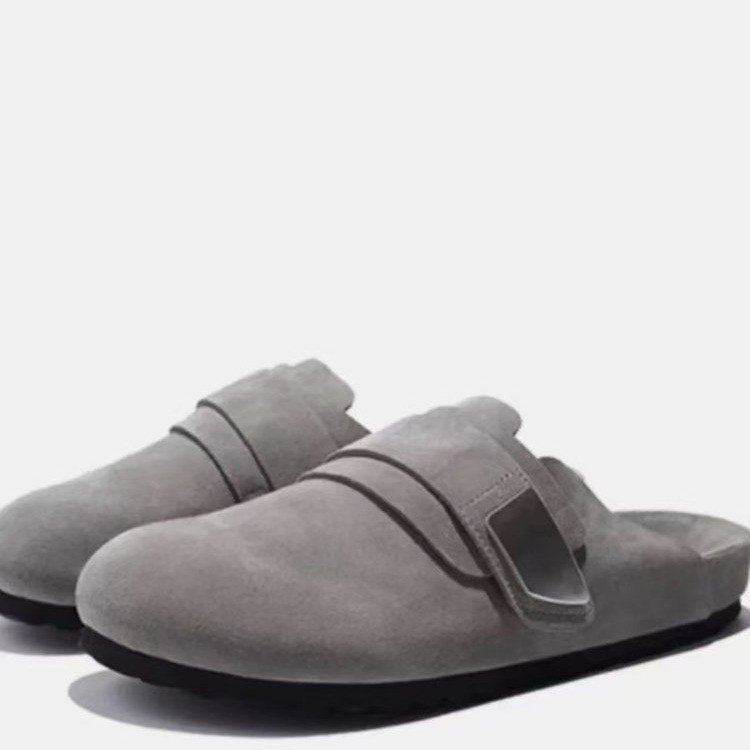 灰色软底皮面勃肯鞋女2026新款春季厚底一脚蹬穆勒钓鱼包头半拖鞋