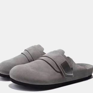 灰色软底皮面勃肯鞋女2026新款春季厚底一脚蹬穆勒钓鱼包头半拖鞋