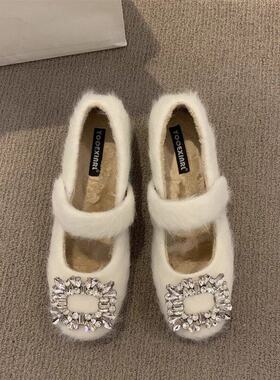 灰色毛呢小香风玛丽珍鞋女方头水钻高跟鞋冬加绒保暖棉鞋粗跟单鞋